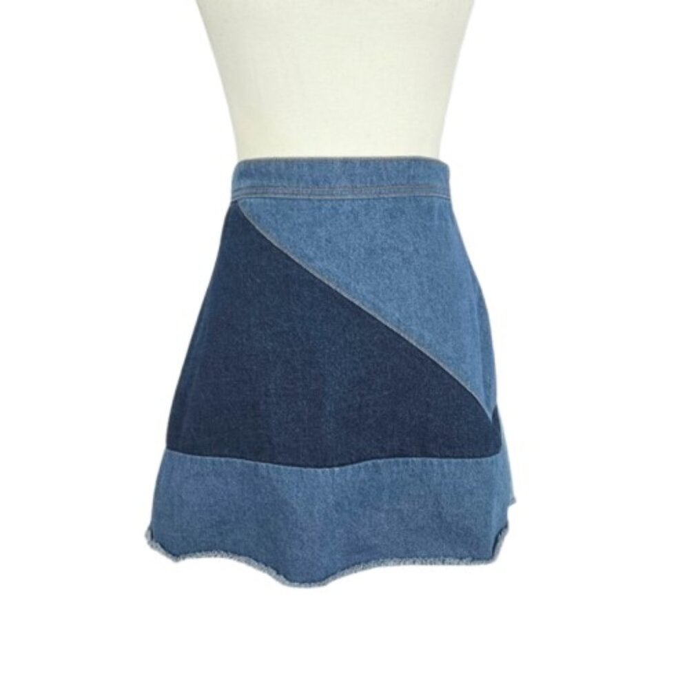 Women’s Colorblock Denim Mini Skirt A Line Raw Hem Size L